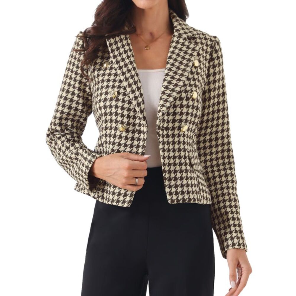 Women Cropped Business Casual Houndstooth Blazer Suit Jackets Brown